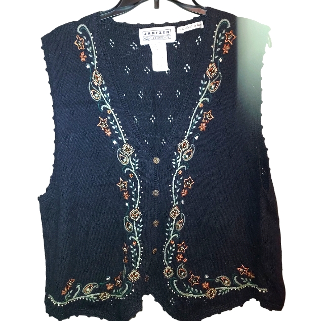 Jantzen Classics Vintage Women's Black Embroidered Vest Size Xl
